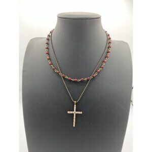 Boho Layered Red Bead & Rhinestone Cross Pendant Necklace Set Gothic Glam